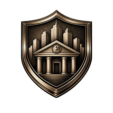 Financial Institutions Bronze shield depicting a bank building with columns and city's skyline.